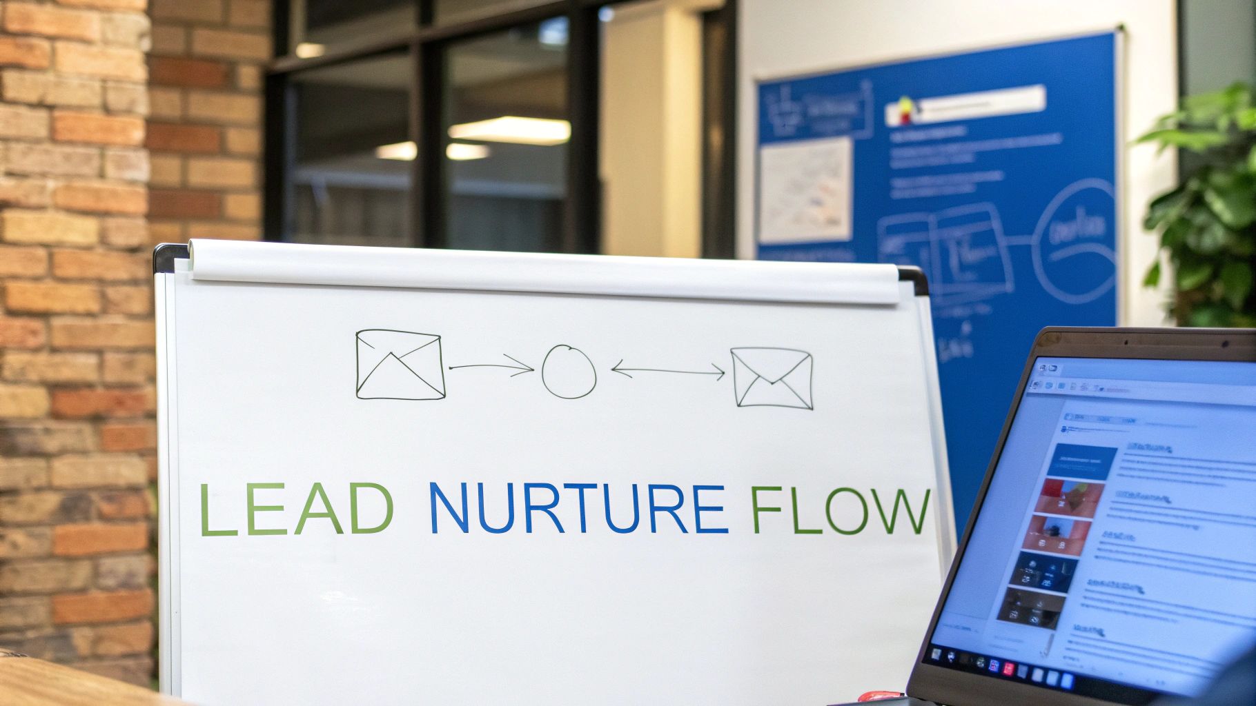 A whiteboard illustrating a 'LEAD NURTURE FLOW' diagram, next to a laptop displaying website content.