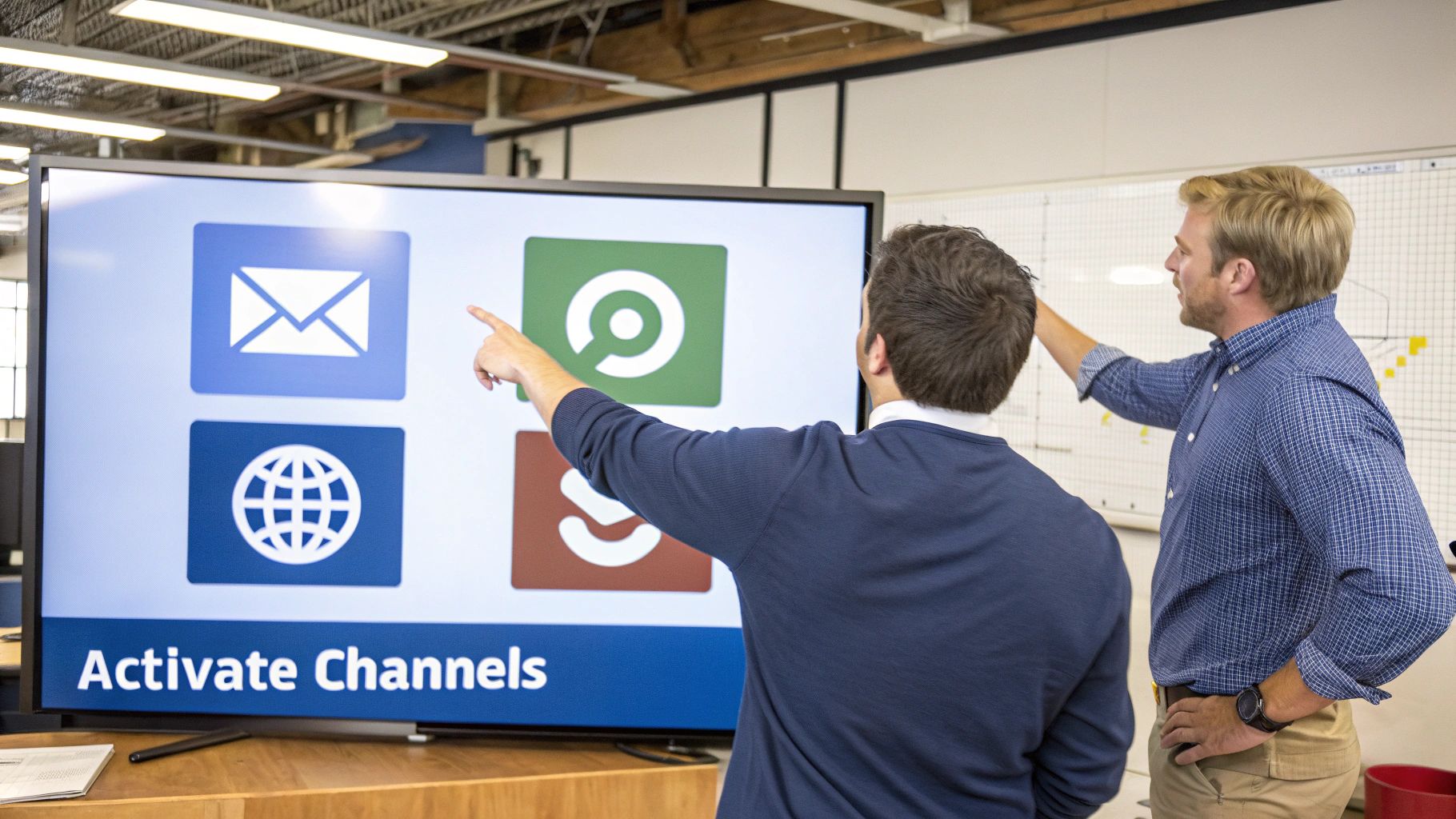 Two men discussing digital channels, pointing at a large screen displaying 'Activate Channels' and app icons.