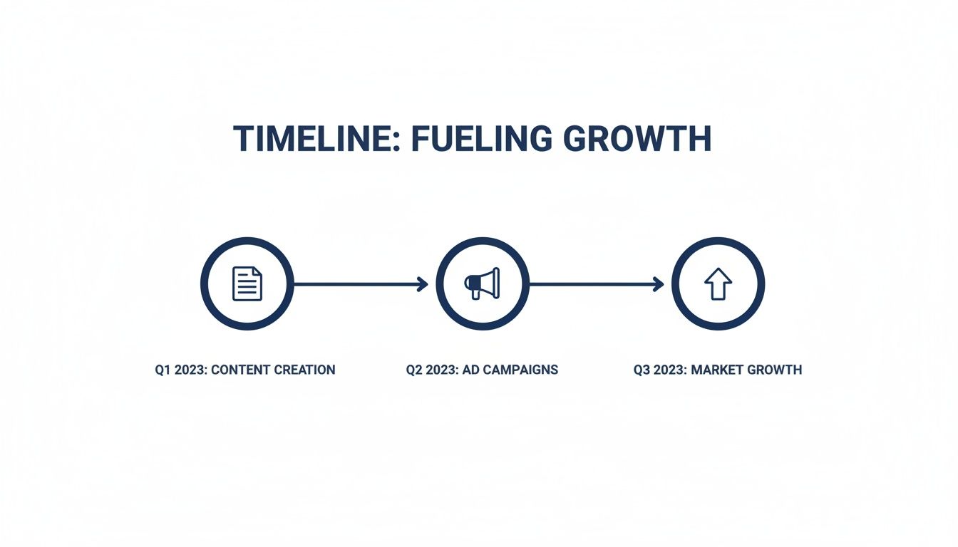 A three-stage timeline showing content creation leading to ad campaigns and market growth for 2023.