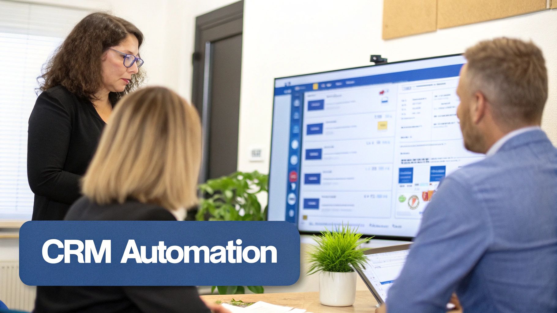 Three colleagues collaborating on CRM automation in a modern office, analyzing data on a large screen for manufacturing marketing strategy