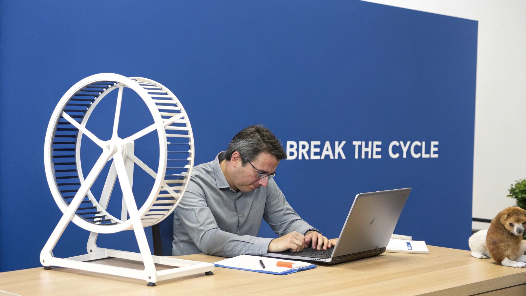 A man working diligently on a laptop, with a symbolic hamster wheel, encouraging to 'BREAK THE CYCLE'.