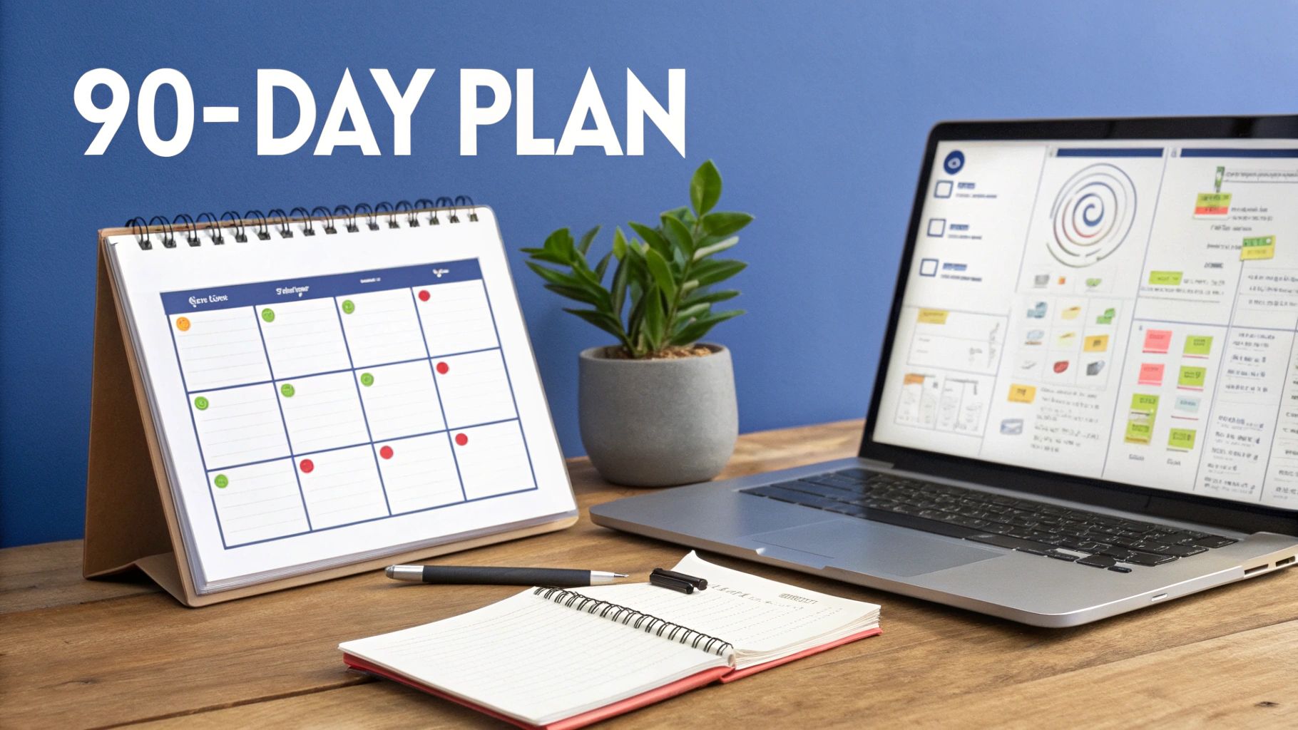 Desk setup with a '90-DAY PLAN' calendar, laptop displaying a strategy, notebook, and pen.