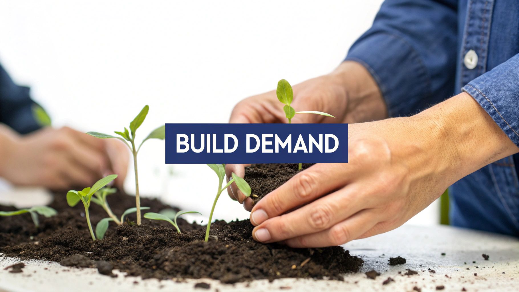 Two people's hands carefully planting small green sprouts into dark soil, with 'BUILD DEMAND' overlay.