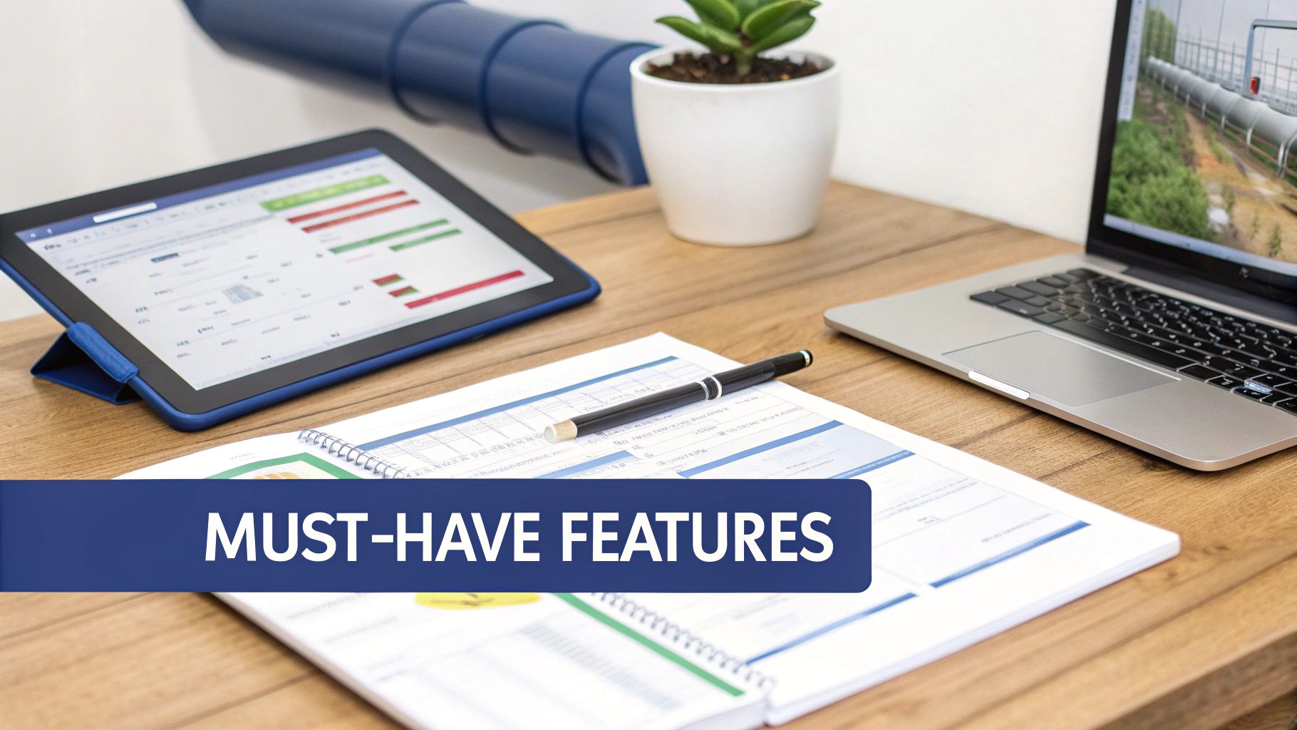 A wooden desk setup featuring a tablet, laptop, notebook, pen, and a plant.