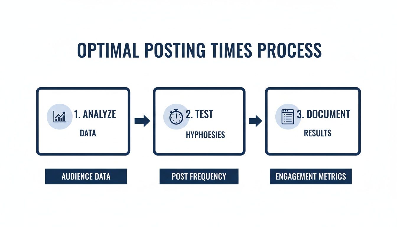 A three-step process for optimal social media posting times: analyze data, test hypotheses, document results.
