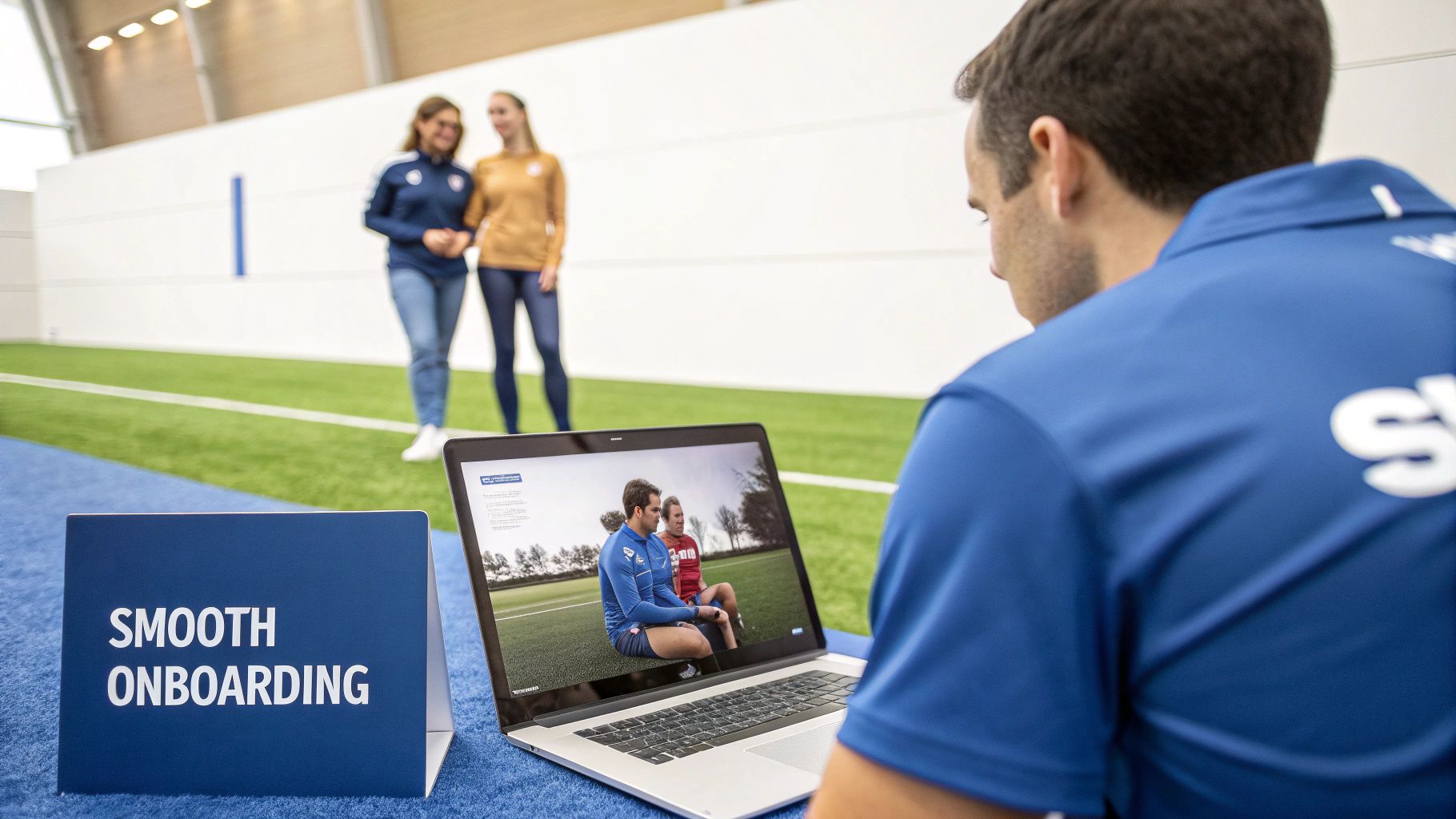 Man views a laptop displaying a training session, next to a 'Smooth Onboarding' sign, on a sports field.
