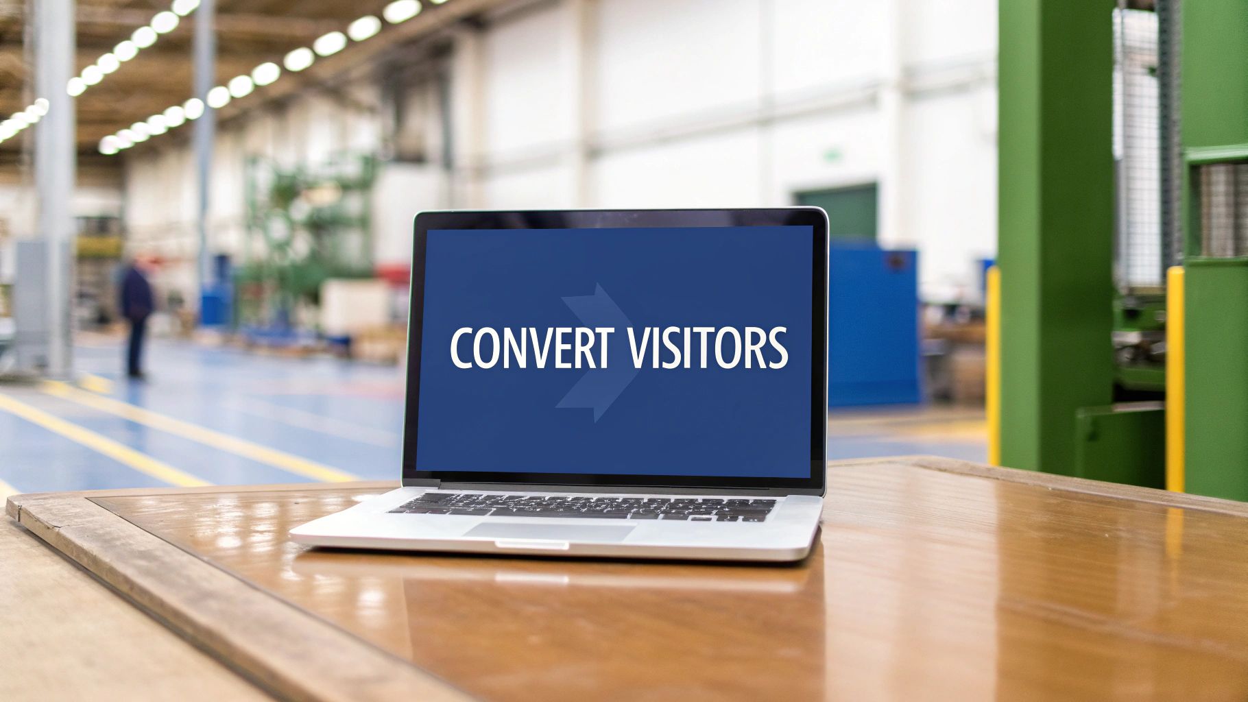 A laptop displaying 'CONVERT VISITORS' on its screen sits on a wooden table in a manufacturing facility.