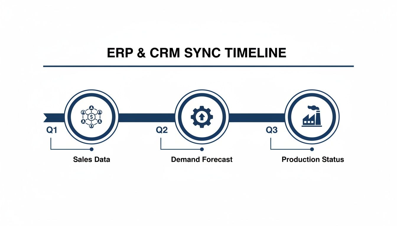Timeline showing ERP and CRM data synchronization across three quarters, covering sales data, demand forecast, and production status.