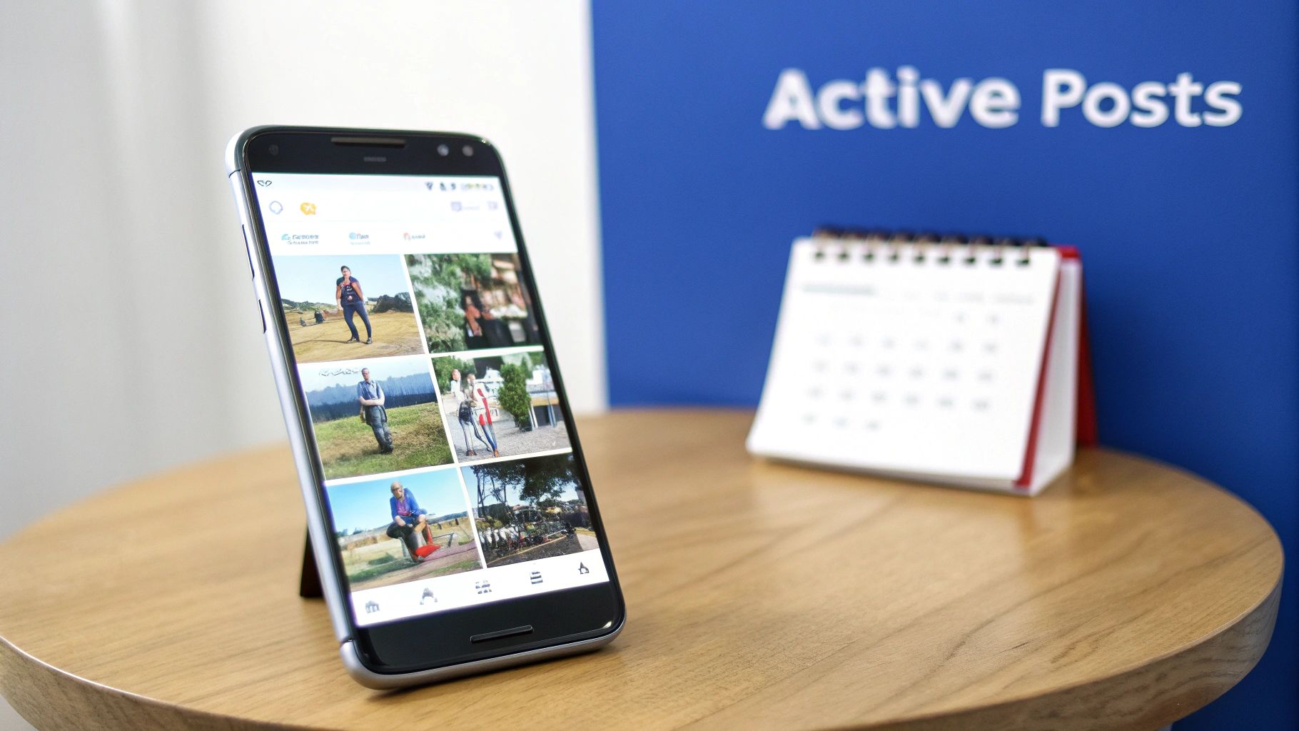 A smartphone displays a photo gallery app with images of people outdoors, alongside a calendar and 'Active Posts' sign.