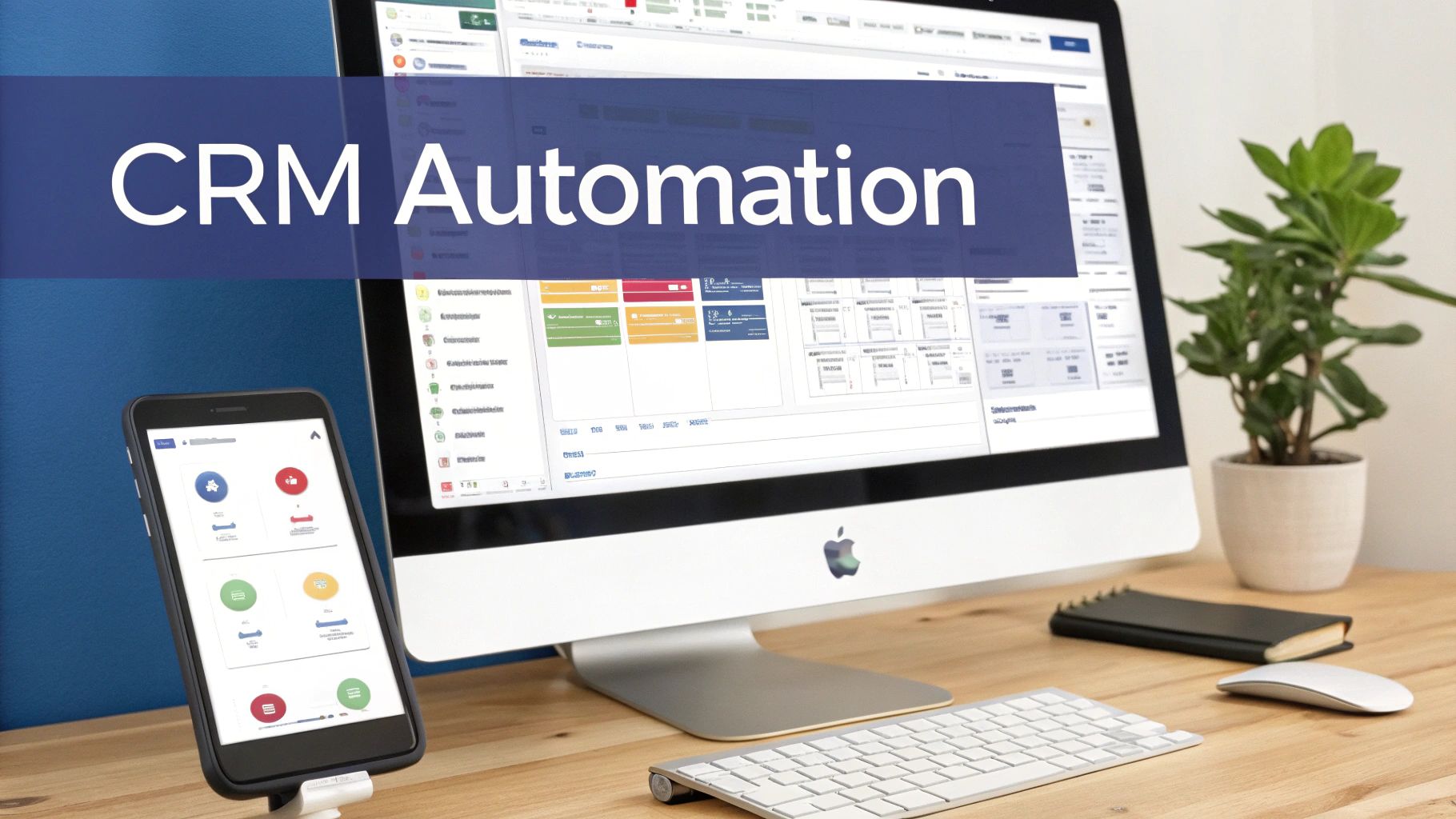 A modern desk setup featuring an iMac with CRM software and a smartphone displaying a mobile app.