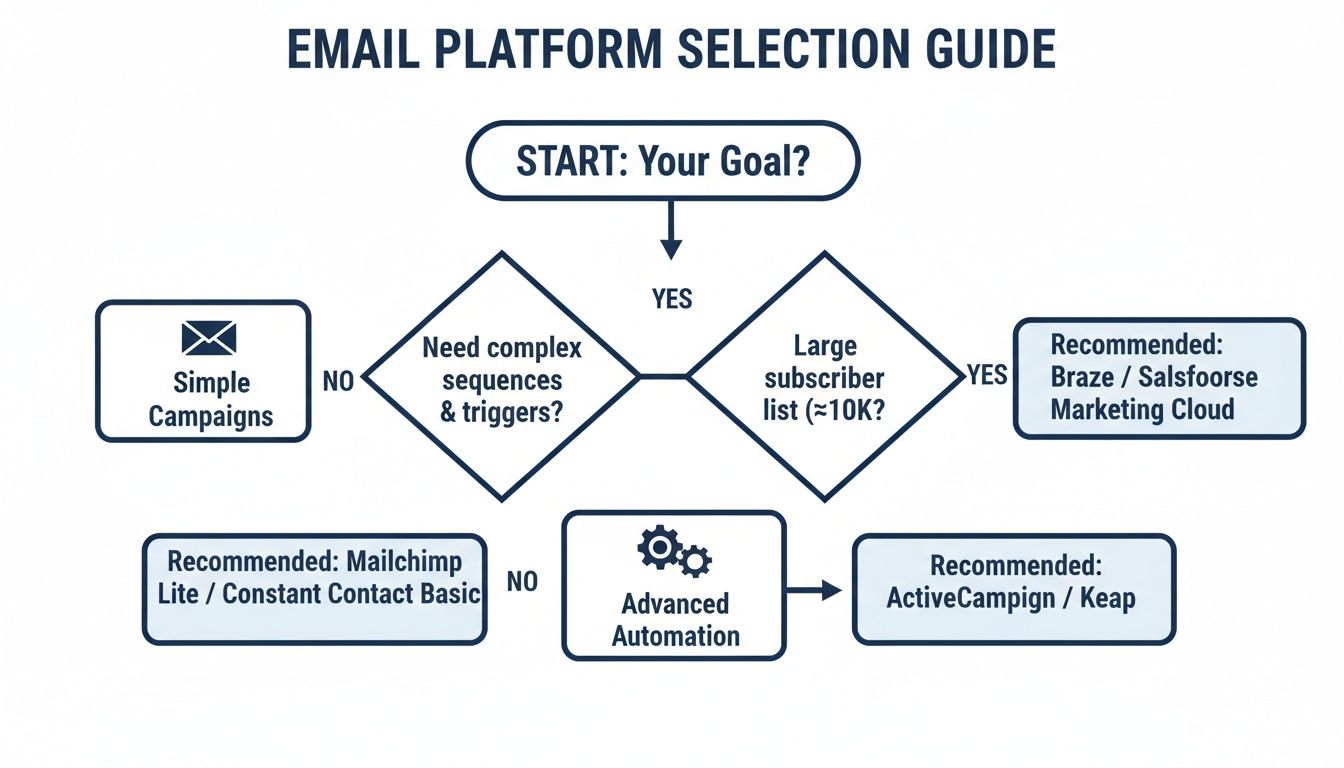 Flowchart guiding email platform selection based on campaign complexity, subscriber list size, and automation needs.