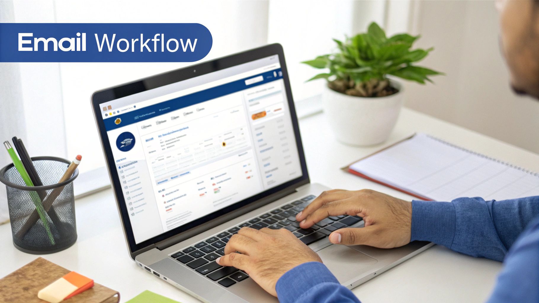 A person typing on a laptop, working on an email workflow system, with a plant and notepad nearby.