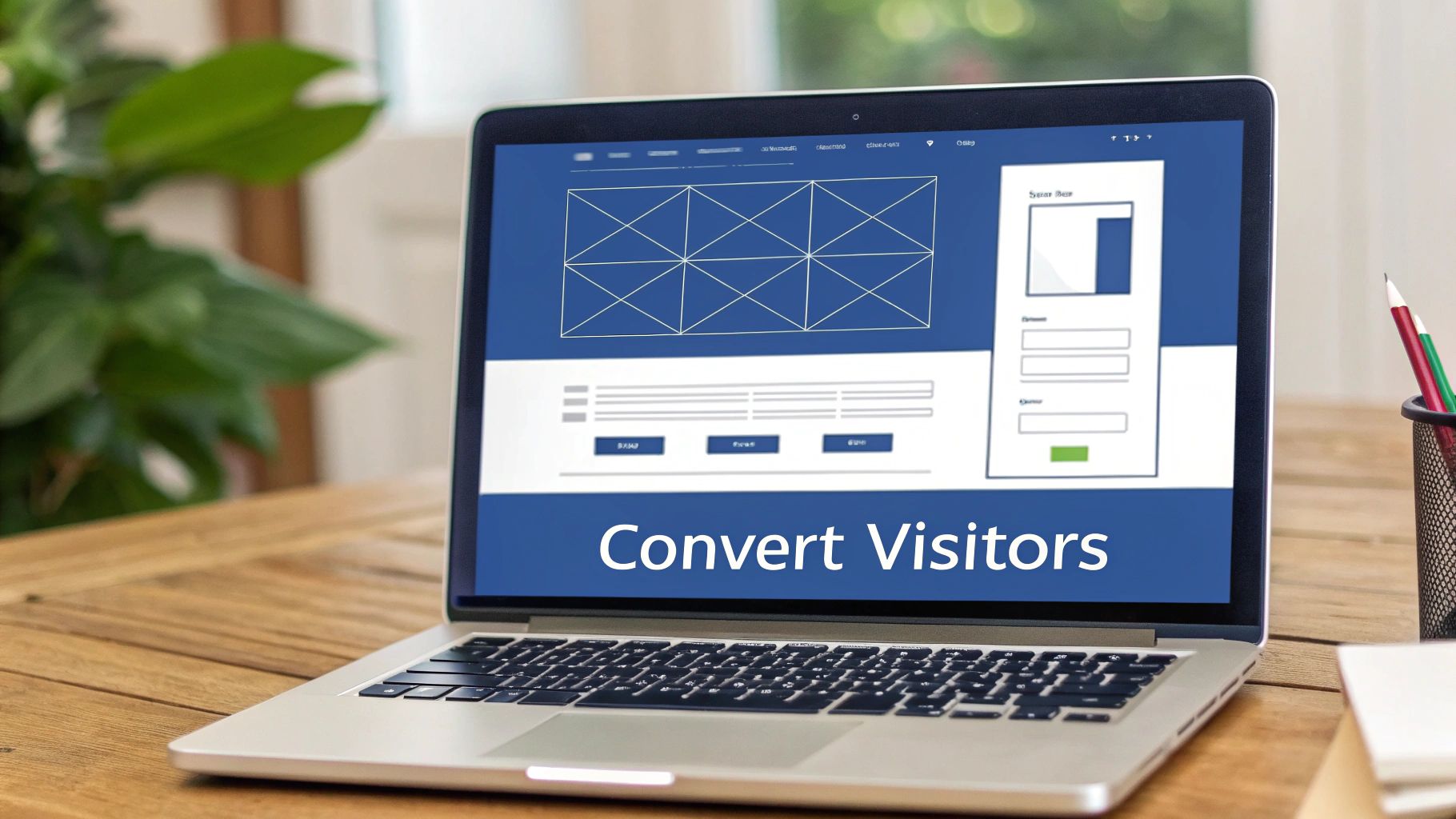 Laptop on a wooden desk showing a web design wireframe with 'Convert Visitors' text, ideal for digital marketing.