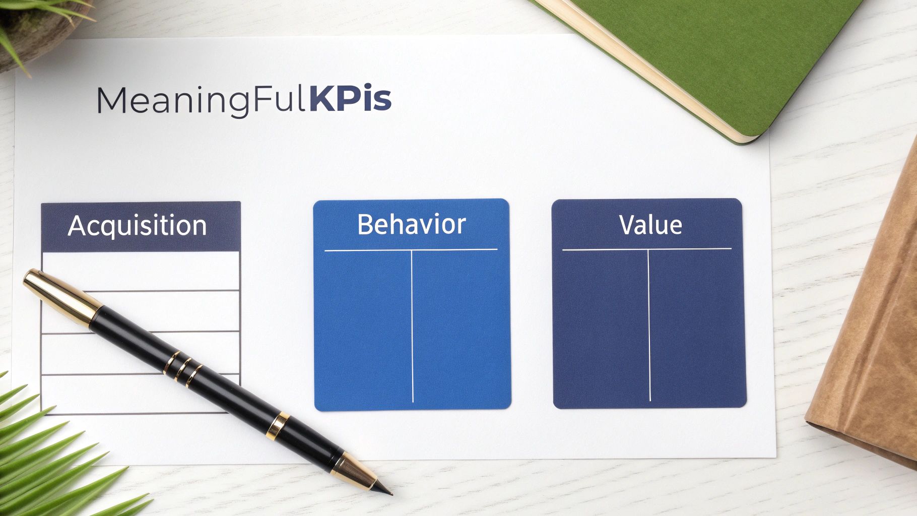 Overhead view of a paper outlining 'MeaningFulKPIs' with categories: Acquisition, Behavior, and Value, next to a pen.