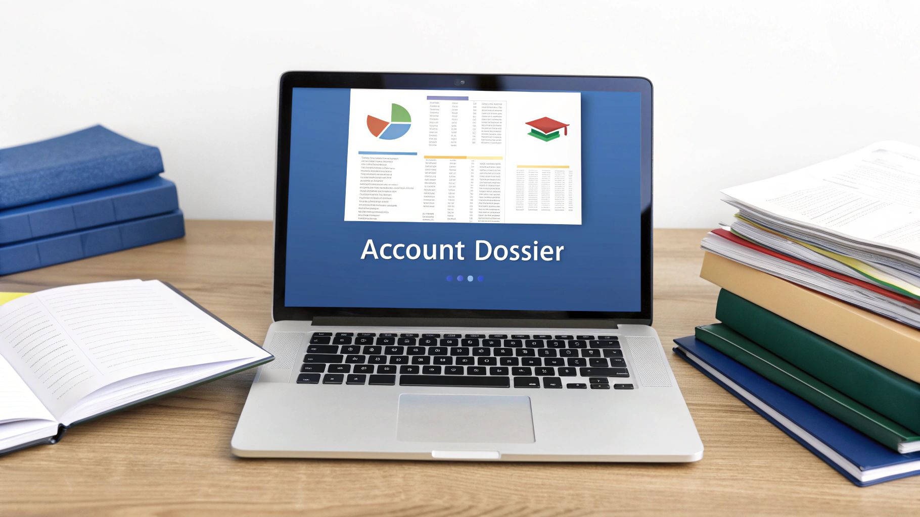 Laptop displaying an account dossier dashboard with charts, used in account based marketing for B2B strategy planning.