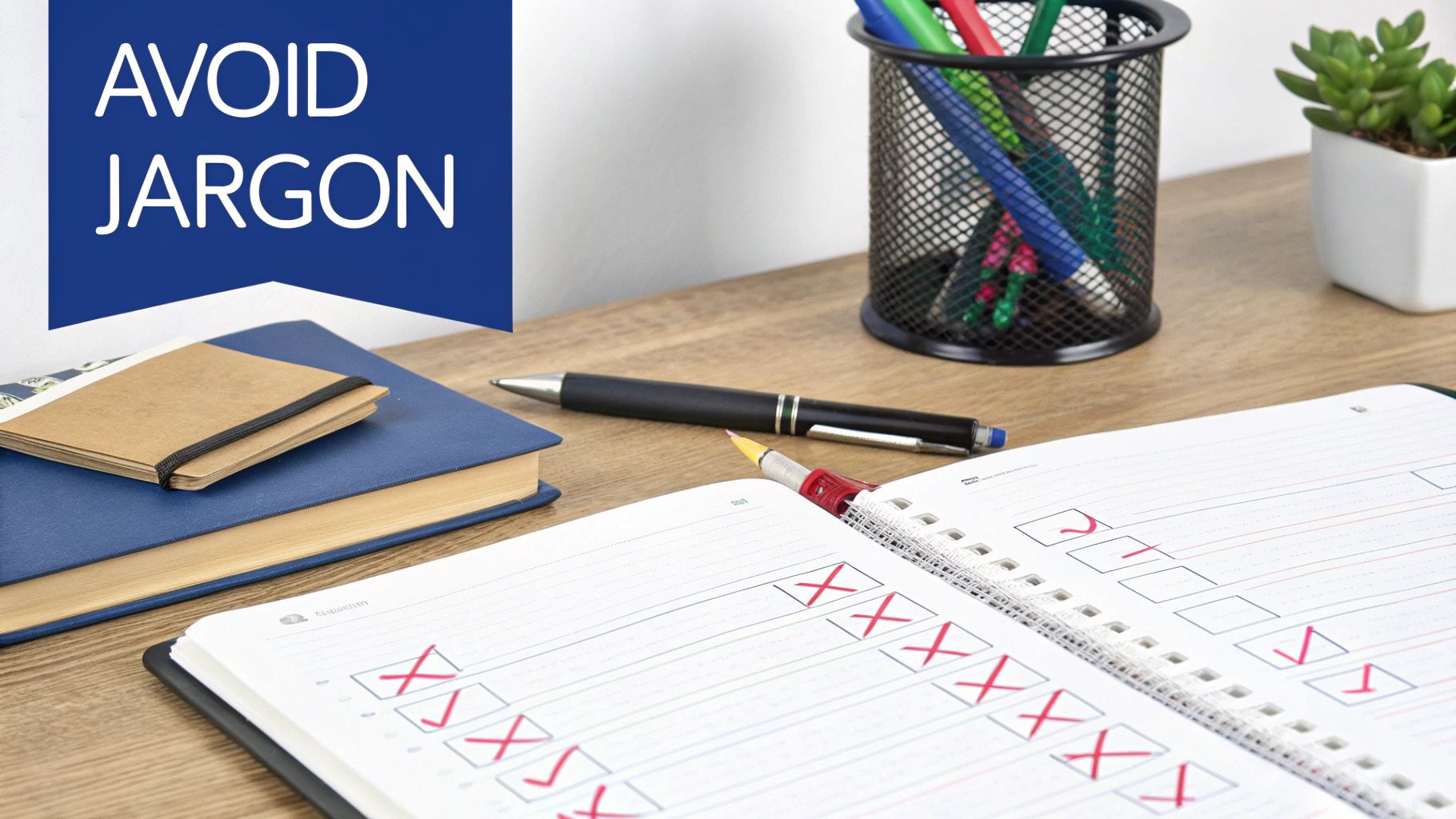Office desk with avoid jargon sign, notebooks, pens, and checklist promoting clear communication strategy