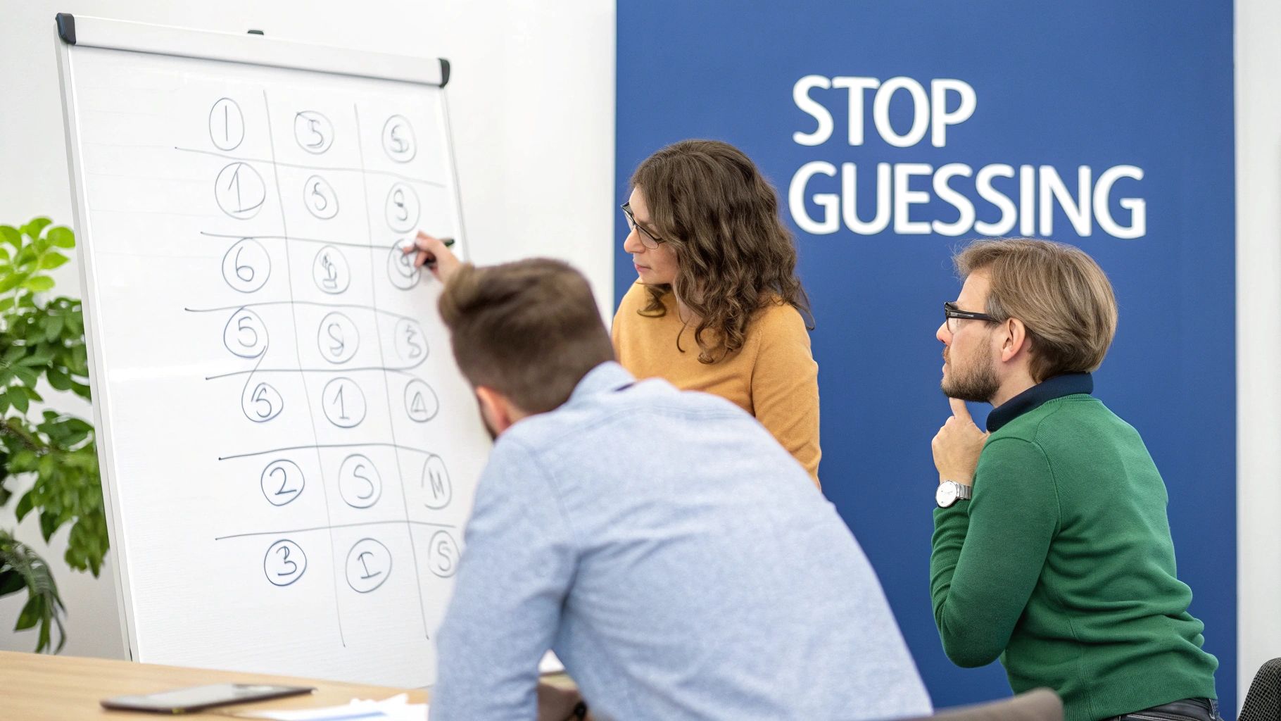 A woman writes on a whiteboard with numbers and symbols, observed by two men in a meeting.