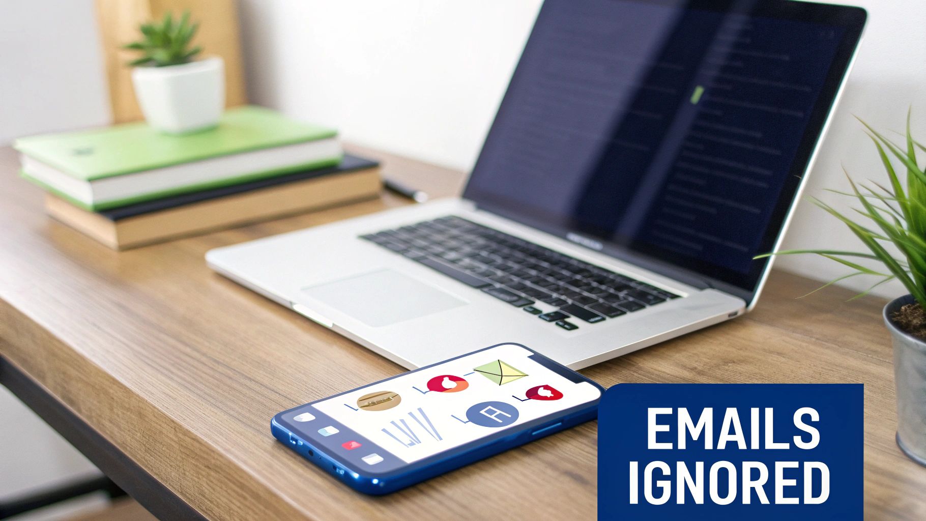 A wooden desk with a laptop, a smartphone showing app icons, books, and a plant. A blue box with 'EMAILS IGNORED' text is visible.