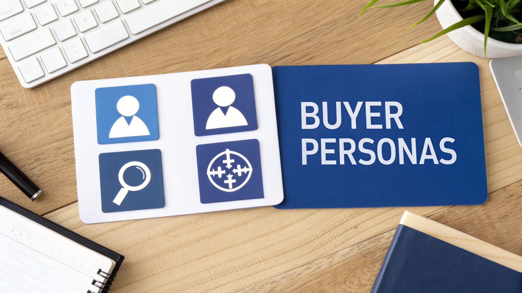 A desk setup featuring a 'BUYER PERSONAS' card and another card with icons representing target audience segmentation.