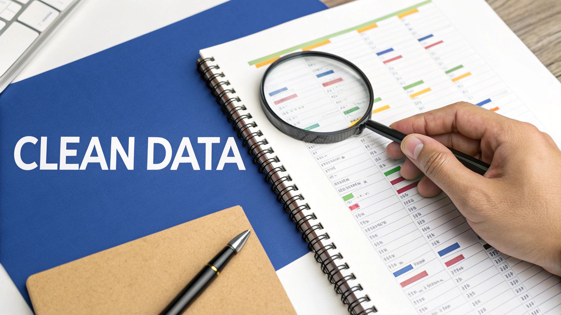 A hand uses a magnifying glass to review data in a notebook, next to a 'CLEAN DATA' folder. Sales Pipeline Management 