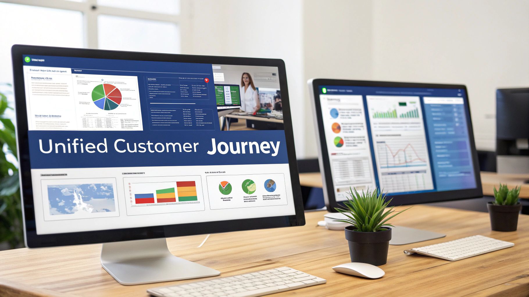 Two computer monitors on a wooden desk displaying marketing analytics dashboards with charts and the text 'Unified Customer Journey'.