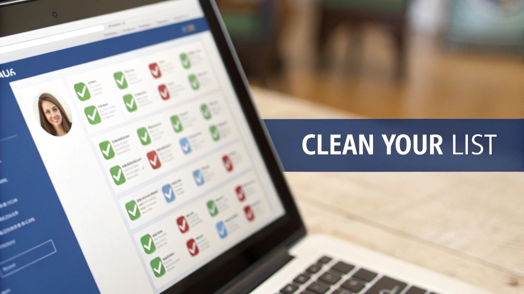 A laptop screen displays a list with checkmarks, illustrating list cleaning for email deliverability.