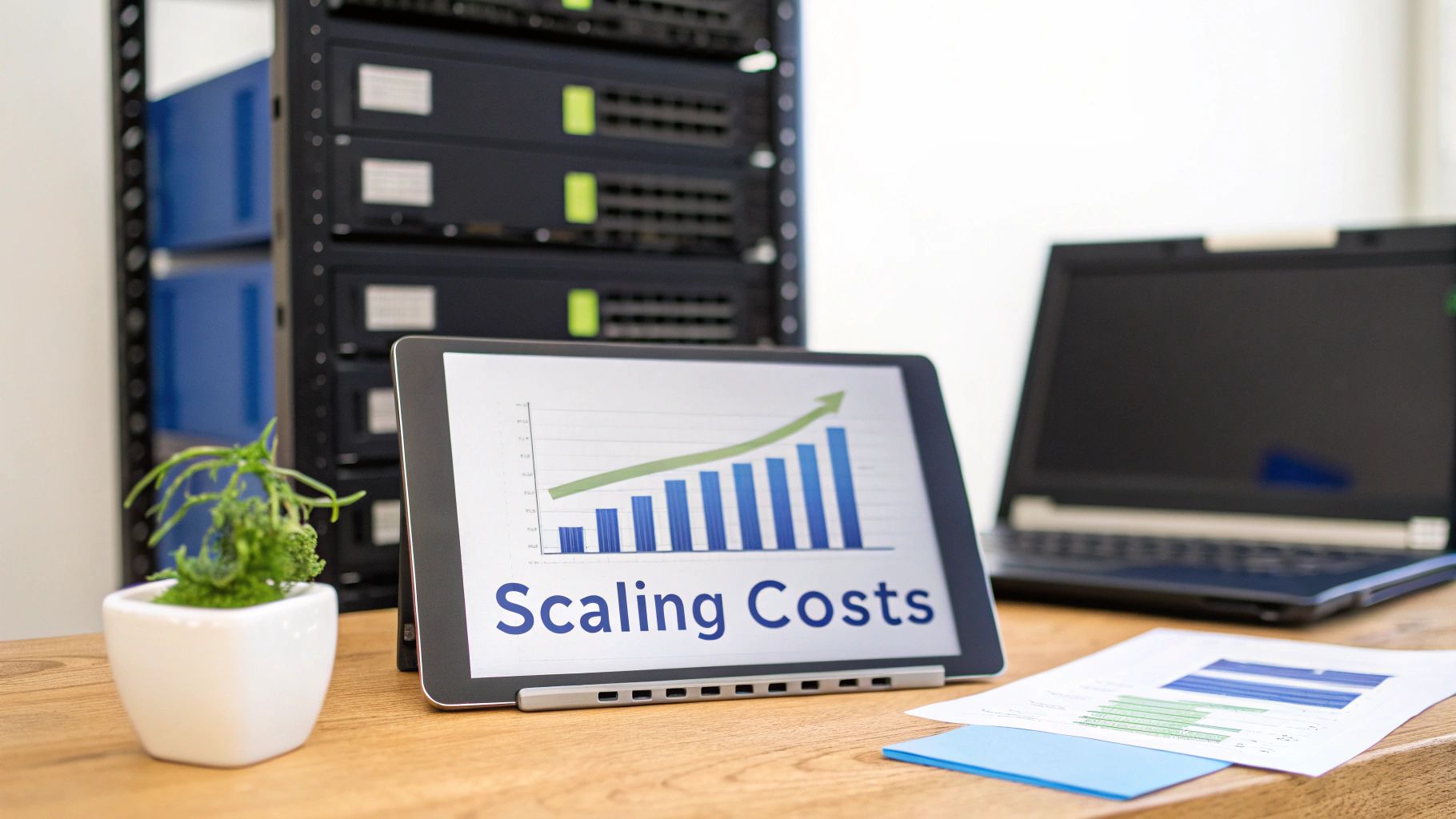 A tablet shows a bar graph with an upward trend and 'Scaling Costs' text in an IT environment.