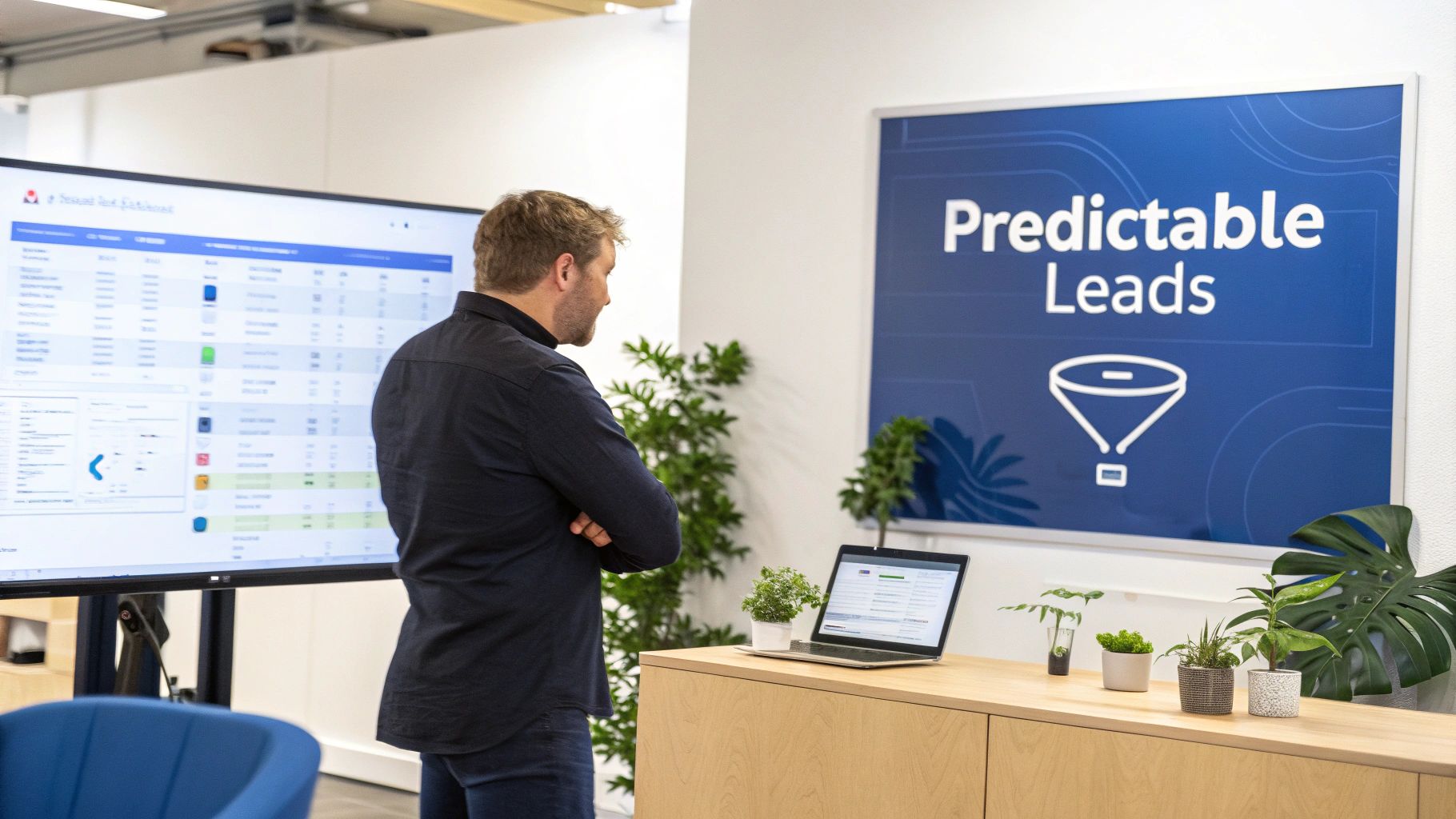A man observes a large digital display showing data in a modern office, next to a 'Predictable Leads' sign on manufacturing marketing automation