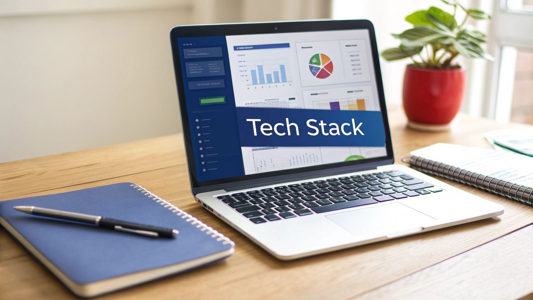 A laptop displays 'Tech Stack' with charts on a wooden desk alongside notebooks and a plant.