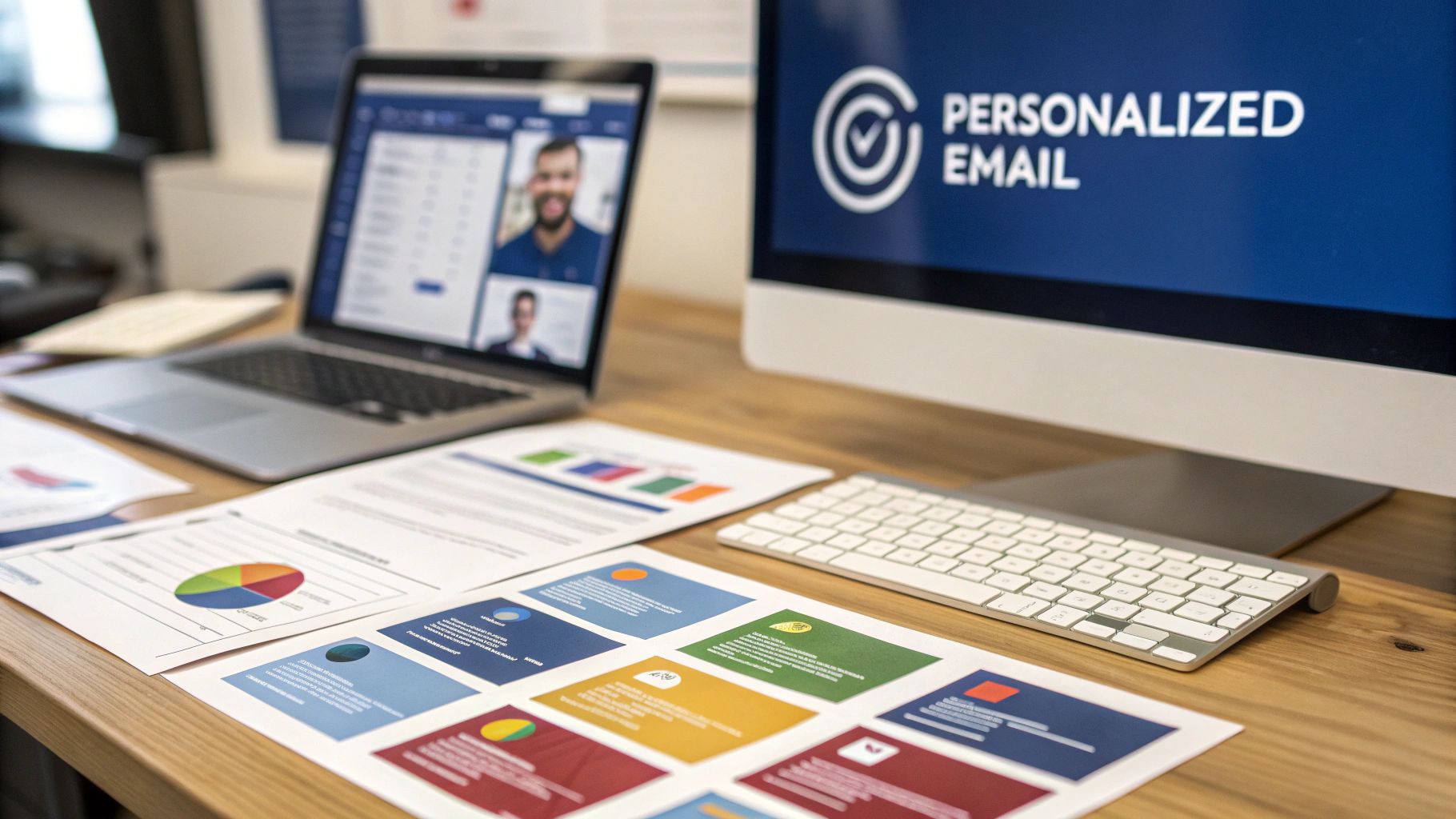 Modern workspace showing personalized email marketing strategy with colorful charts and video conference on laptop