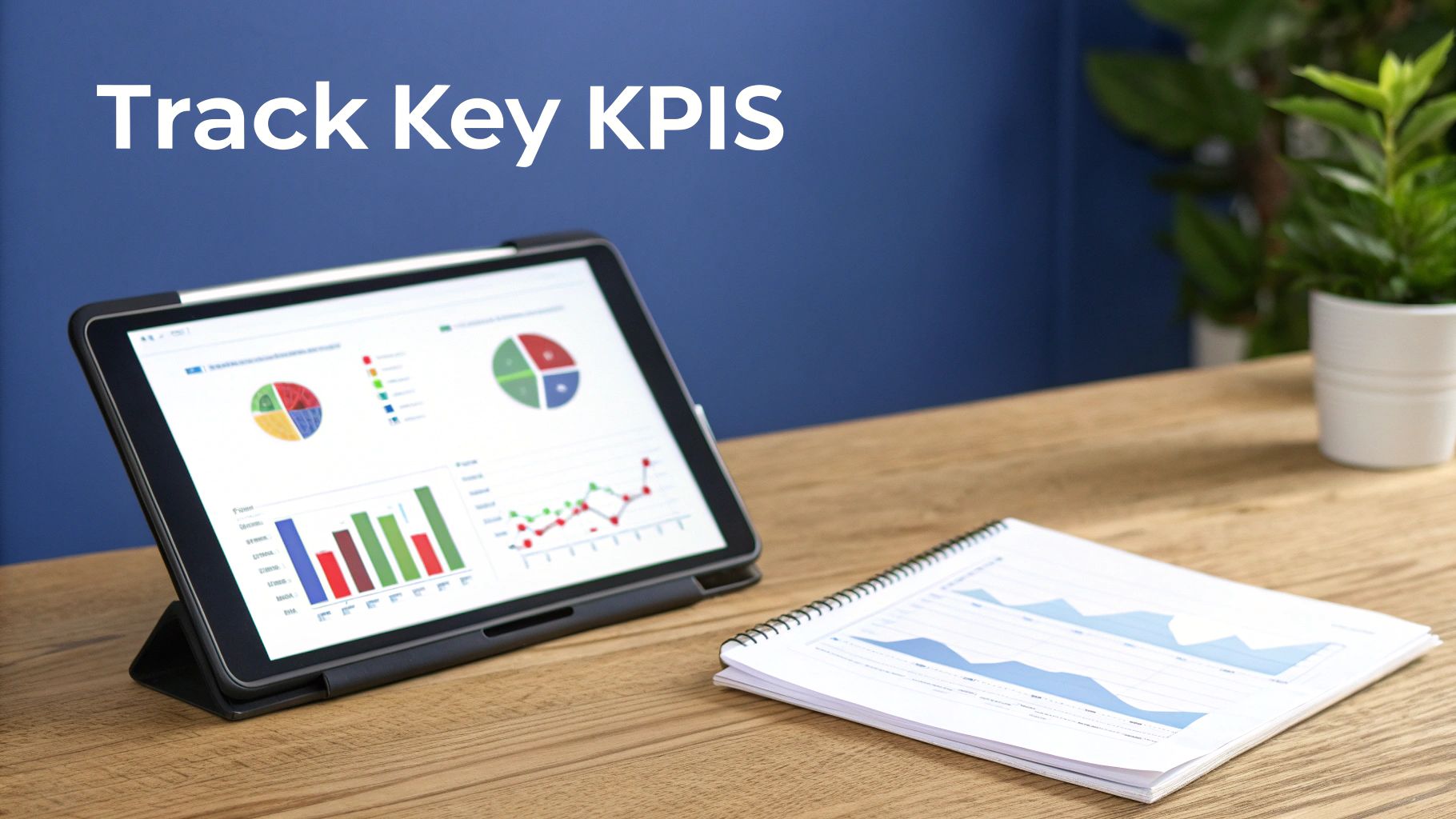 A tablet on a wooden desk displays various colorful business charts and graphs, with a notebook beside it.