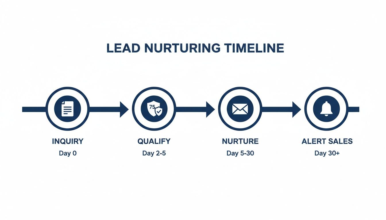 A lead nurturing timeline showing stages: Inquiry (Day 0), Qualify (Day 2-5), Nurture (Day 5-30), and Alert Sales (Day 30+).