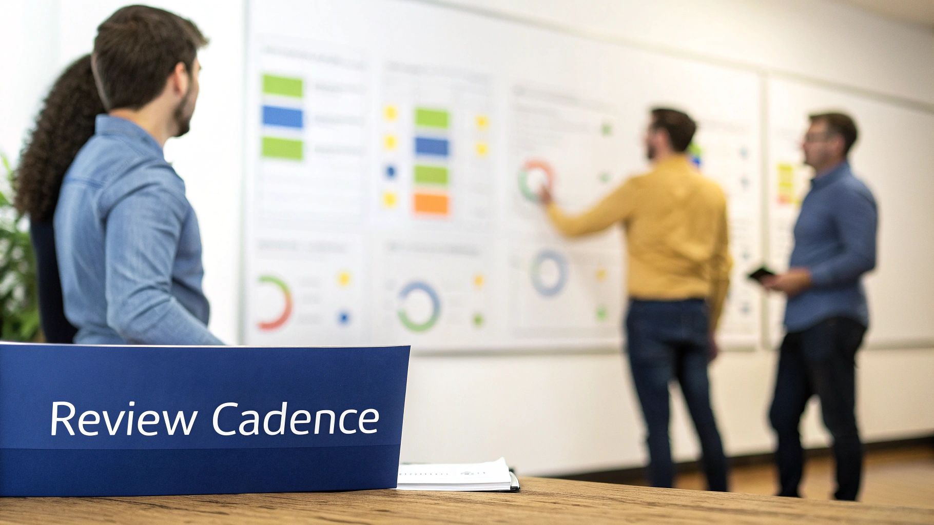 Colleagues in a business meeting reviewing data and charts on a large whiteboard with a 'Review Cadence' folder.