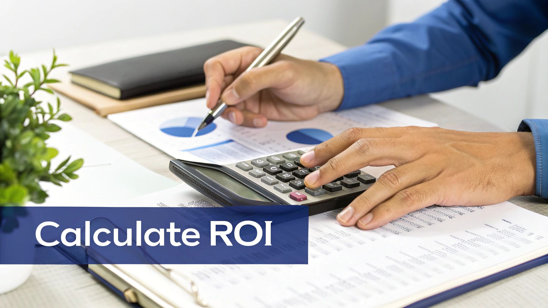 Hands using a calculator and pen on financial documents with charts to calculate ROI.