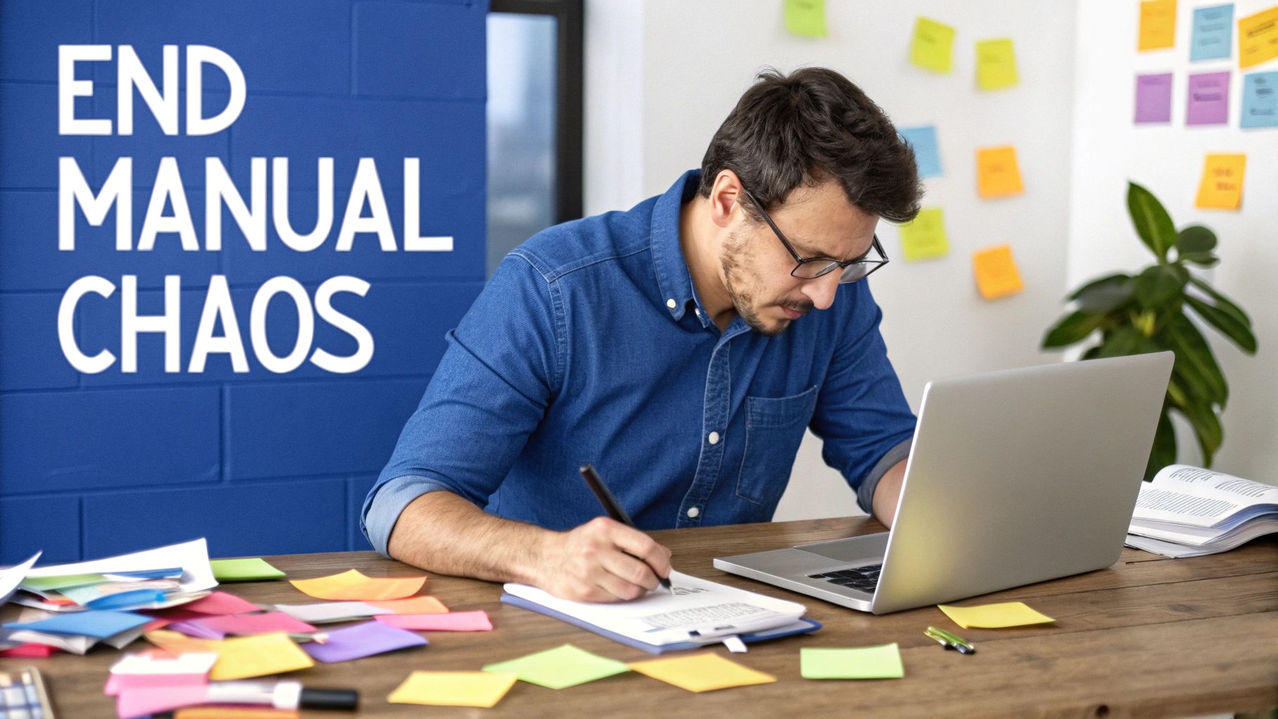 A person at a desk looking stressed while working on a laptop, surrounded by scattered papers.