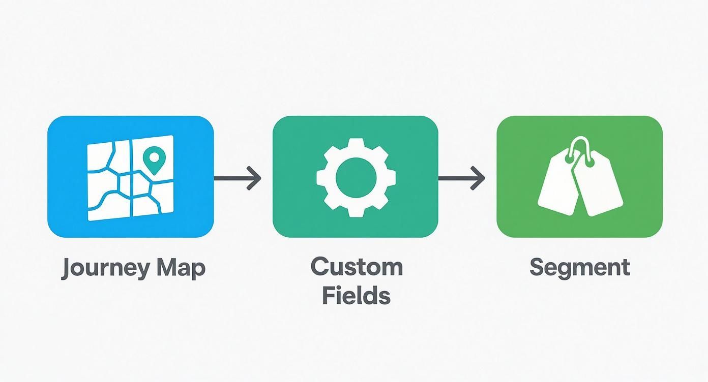 A workflow diagram illustrating three steps: Journey Map, Custom Fields, and Segment, connected by arrows.