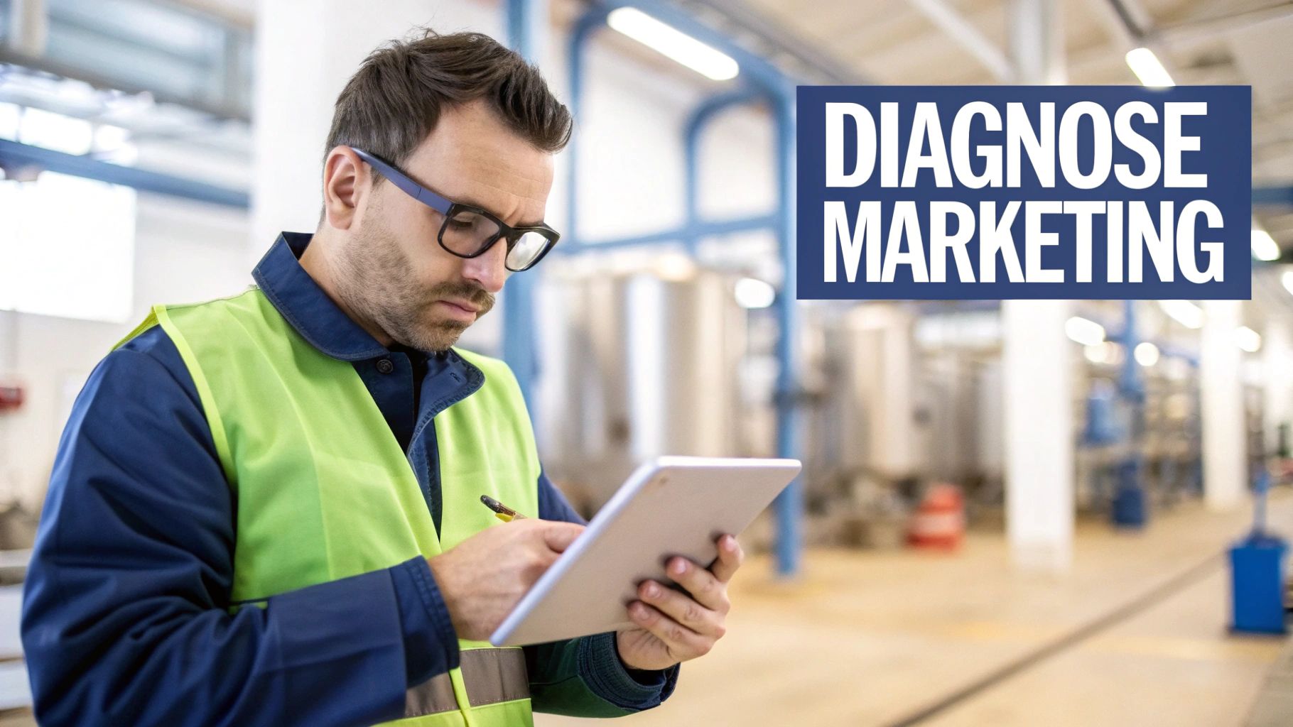 Man in safety vest and glasses analyzing data on a tablet in a factory, with 'DIAGNOSE MARKETING' overlay.