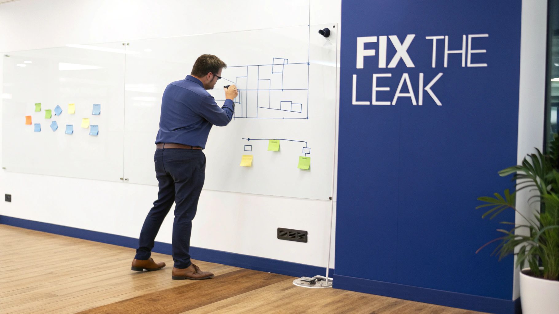 A man draws a flowchart diagram on a glass whiteboard in an office next to a 'FIX THE LEAK' wall.