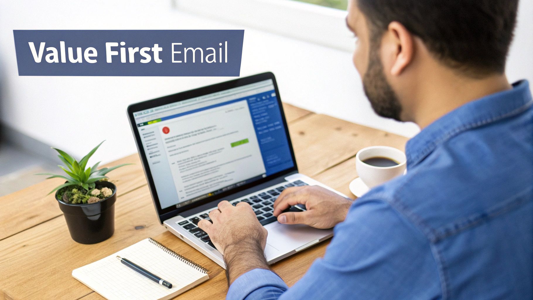 Man using laptop at wooden desk with coffee and plant. Overlay text: 'Value First Email'.
