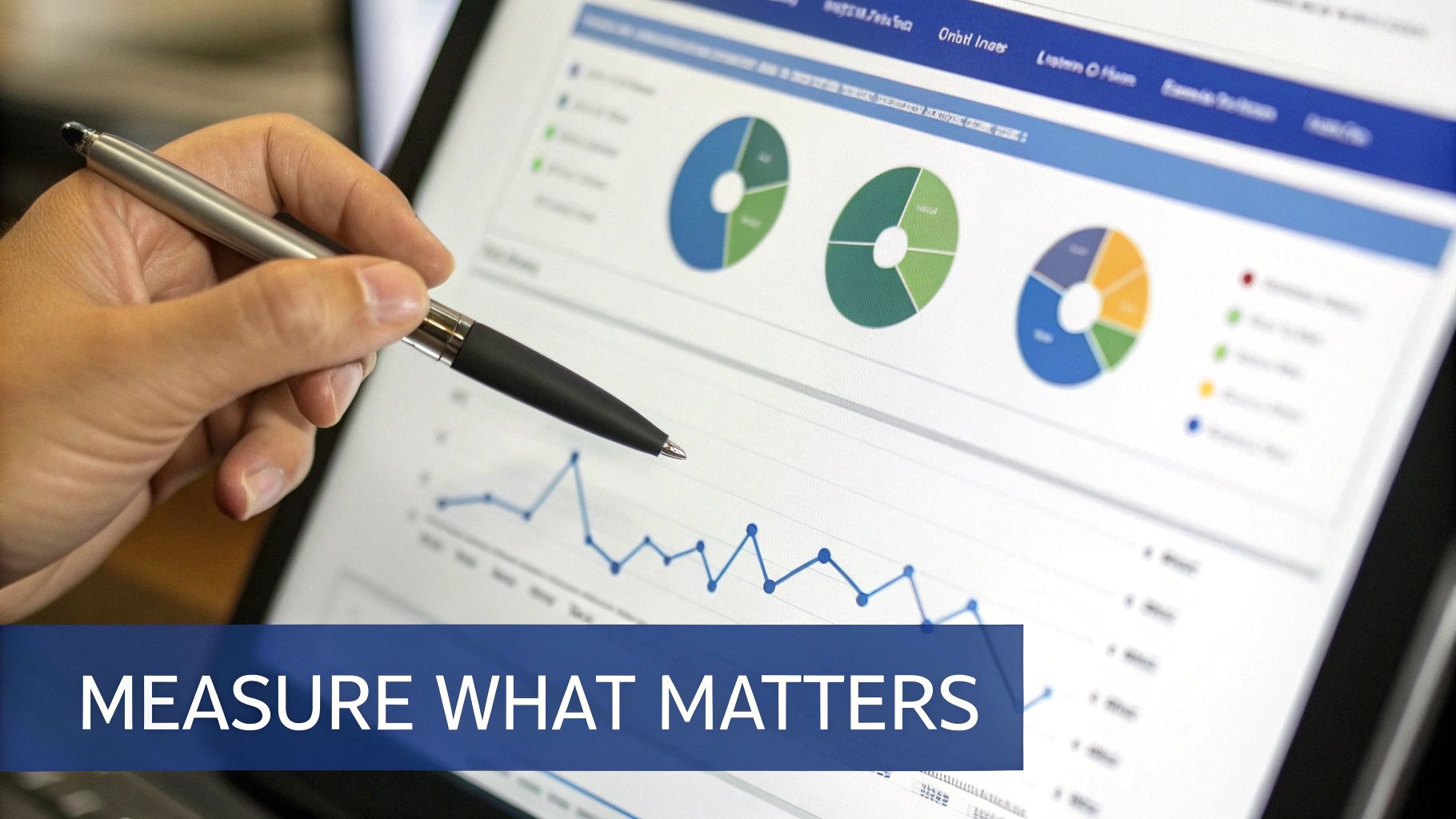 A hand holds a pen pointing at a laptop screen displaying business data, pie charts, and a line graph.