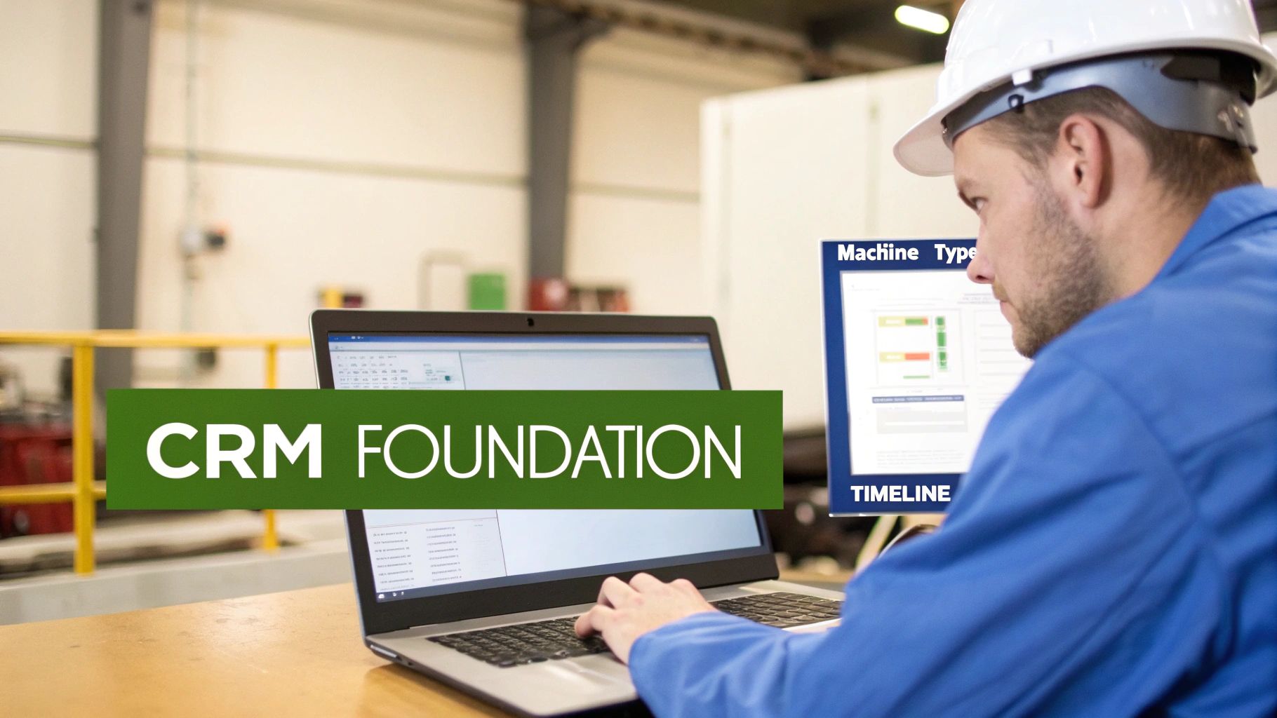 A man in a hard hat works on a laptop and monitor, with a 'CRM FOUNDATION' banner for manufacturing marketing automation