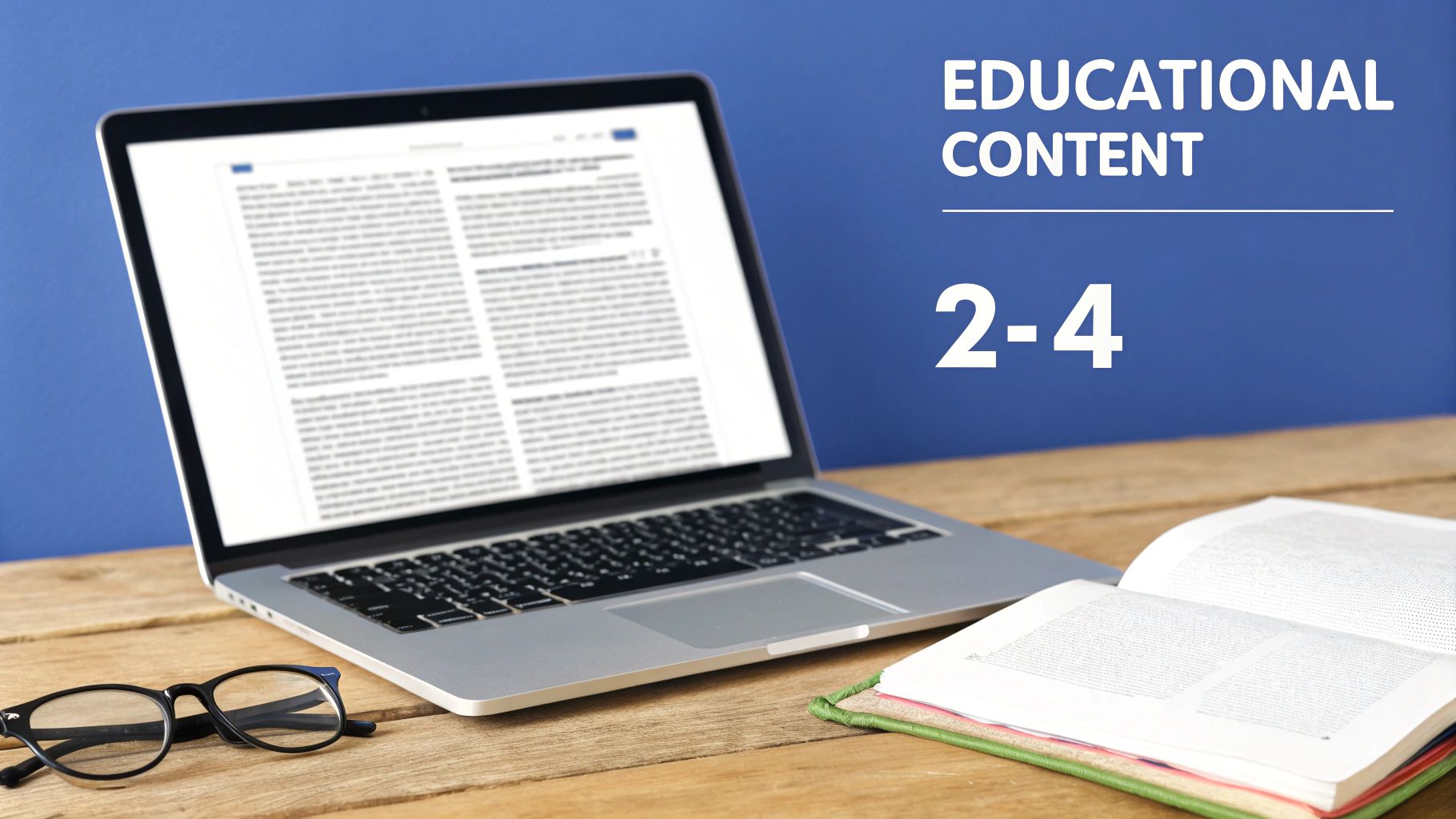 Laptop displaying educational content document on wooden desk with open book and glasses