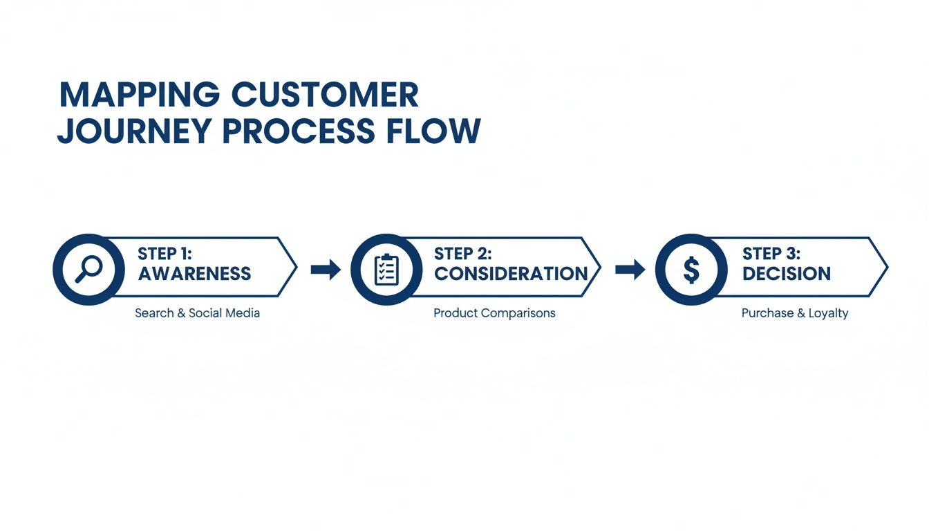 A clear diagram illustrating a three-step customer journey process flow: awareness, consideration, and decision.