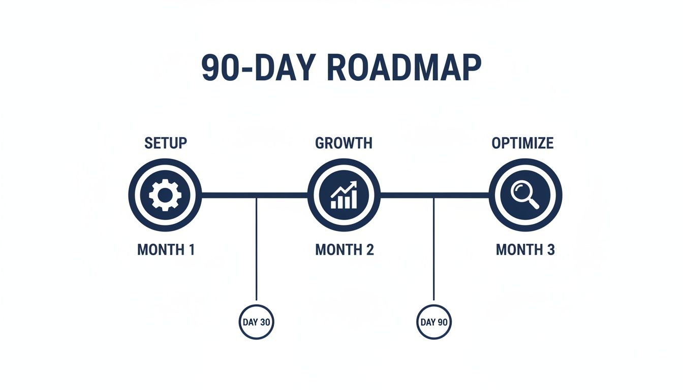 A 90-day roadmap showing three phases: Setup (Month 1), Growth (Month 2), and Optimize (Month 3), with day markers.
