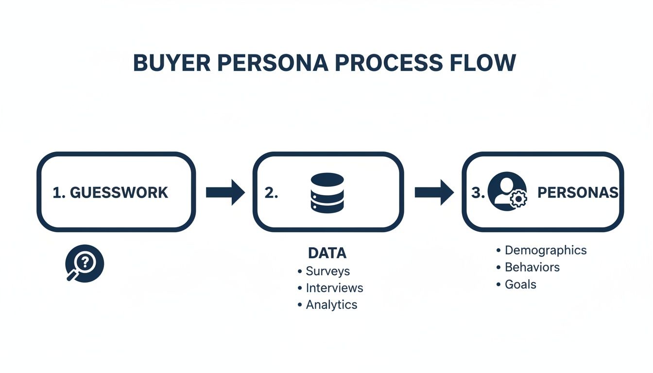 A flowchart illustrating the buyer persona creation process: from guesswork to data collection and finally defined personas.