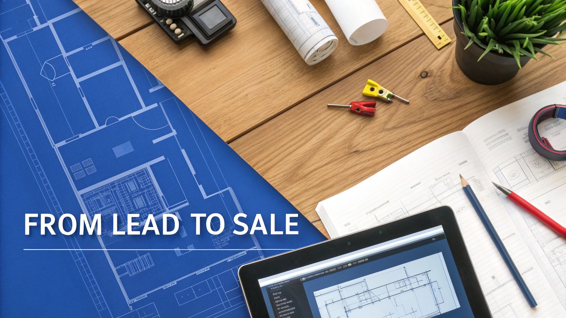 Architectural desk with blueprints, design tools, and a tablet, featuring 'FROM LEAD TO SALE' text.
