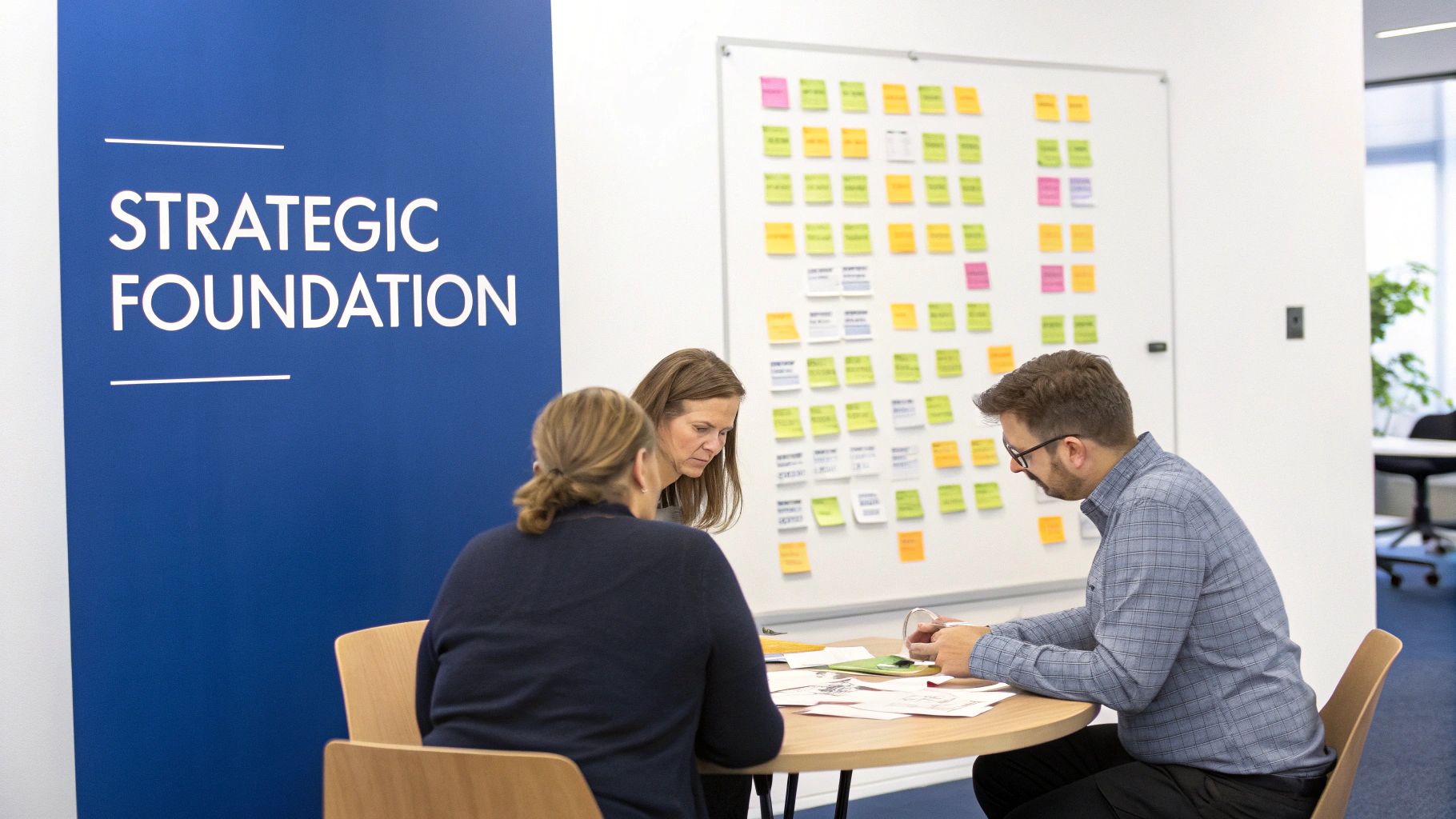 Three people collaborate around a table during a strategy session with sticky notes on a whiteboard.