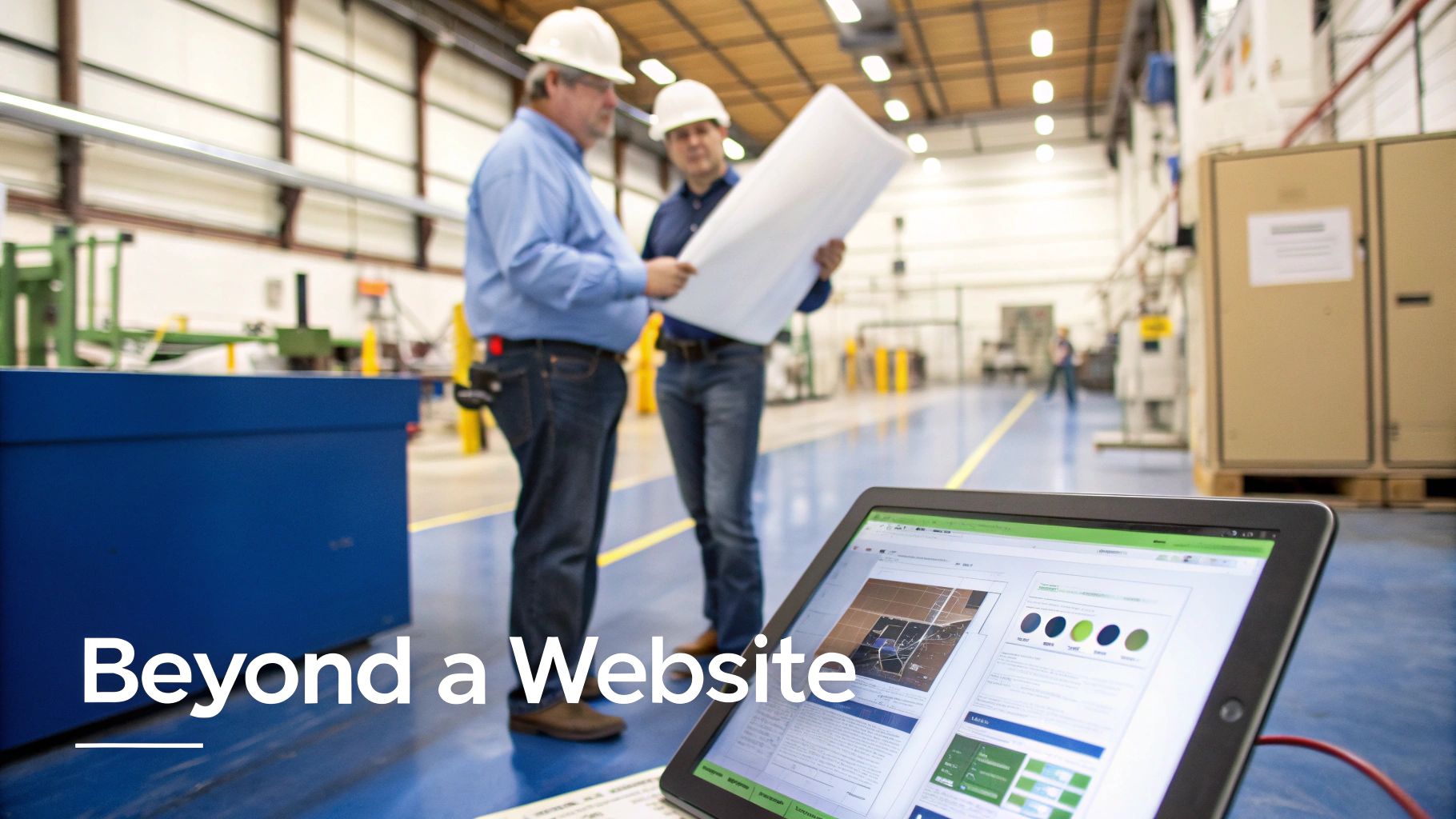 Two engineers in hard hats reviewing blueprints in a manufacturing plant, with a tablet displaying data.
