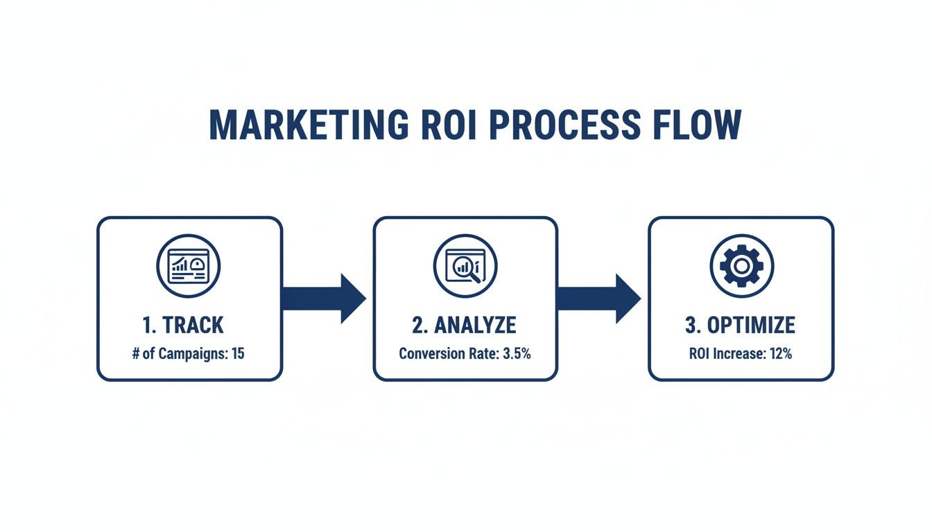 A marketing ROI process flow infographic showing three steps: Track, Analyze, and Optimize with key metrics.
