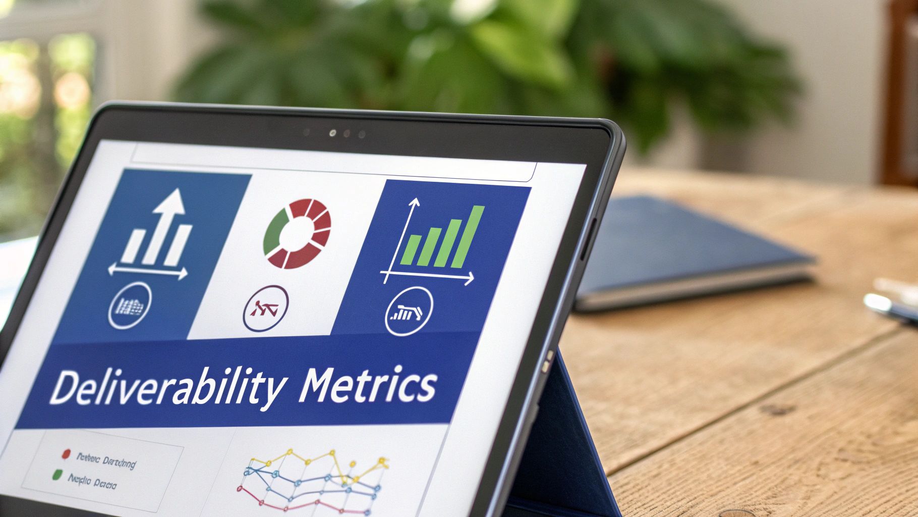 Close-up of a tablet displaying a 'Deliverability Metrics' presentation with various data charts.